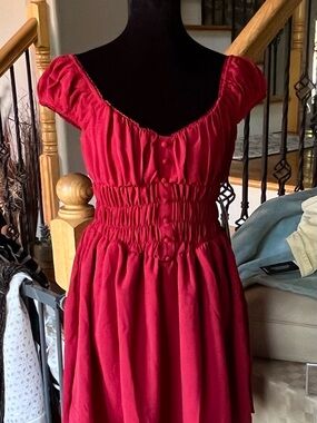 Deep Red Fitted Smocked-Waist Mini Dress